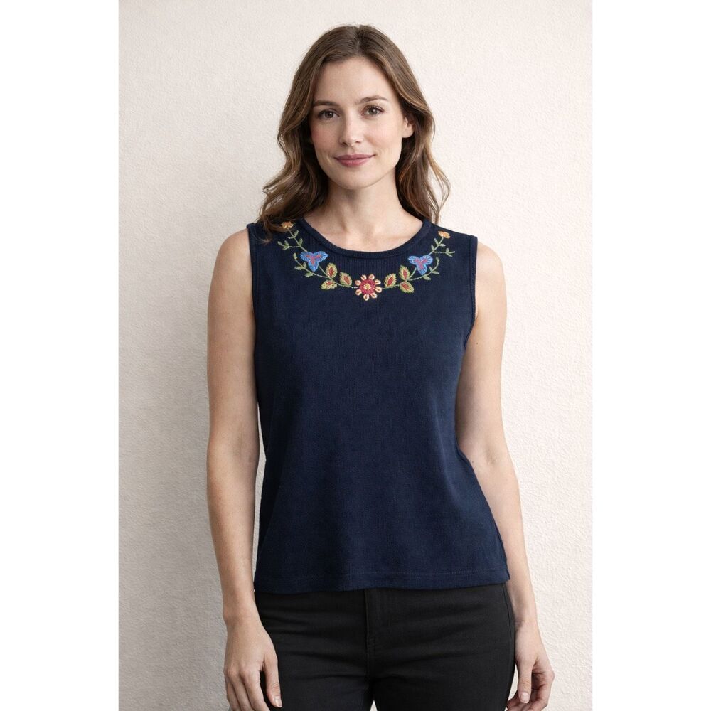 M Nicole XL Navy Embroidered Floral Sleeveless Knit Tank Top